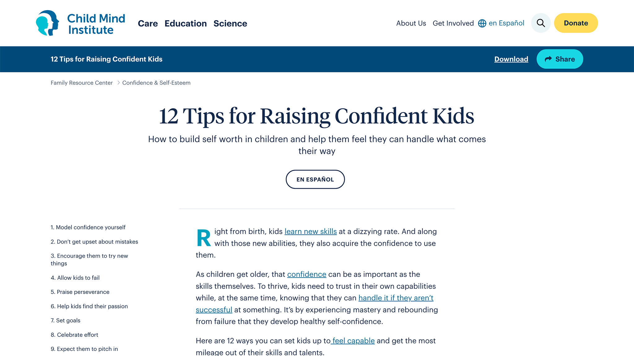 Screenshot of Child Mind Institute Blog Post - 12 Tips to Raise Confident Children