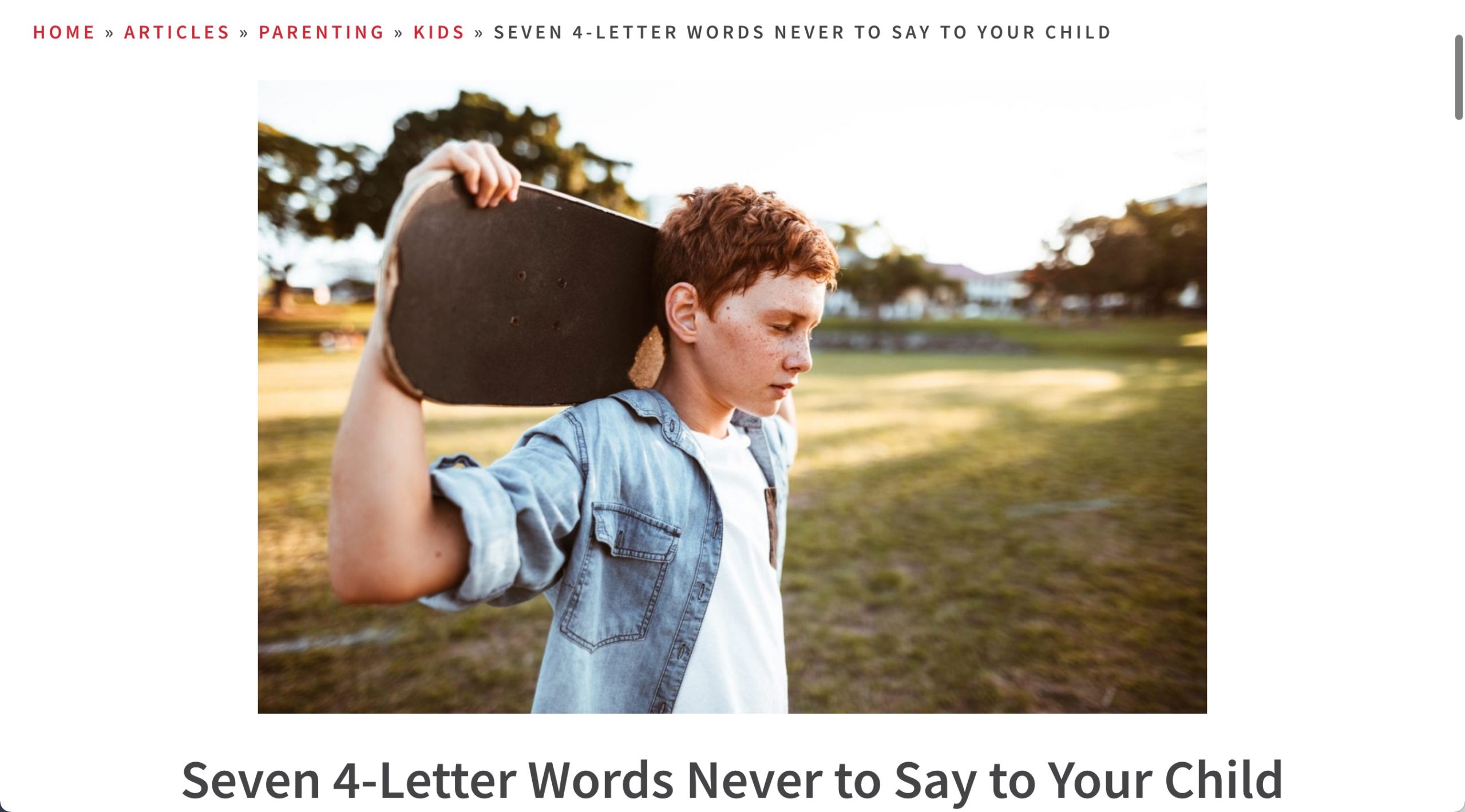 Screenshot of 7 4-letter words article published on All Pro Dad